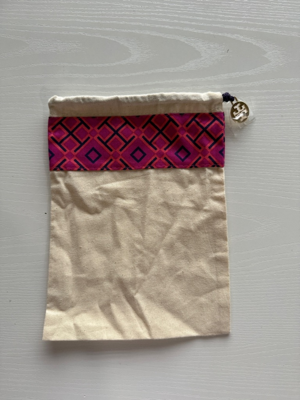 Tory Burch Canvas Drawstring Pouch with Pink Geometric Trim